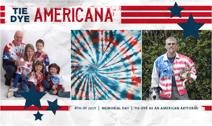 Patriotic Tie Dye Kit coverwith red, white, and blue tie-dye colors of a family, a tie-dye spiral pattern, and man in a colorful jacket with 2 dogs.