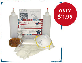 Patriotic Tie-Dye Kit Contents: 2 bottles of  dye in Fire Red & Cobalt, soda ash, gloves, rubber bands, dust mask, detergent, instructions.