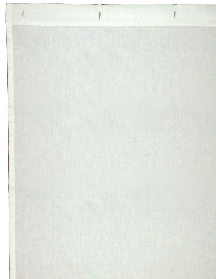 White fair-trade cotton shower curtain detailing showing sewn button holes on a white background.
