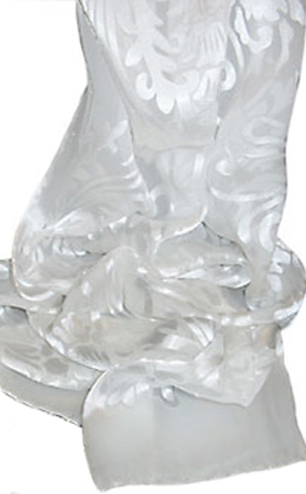 A sheer silk chiffon scarf with a rayon satin floral pattern, in white on a white background.