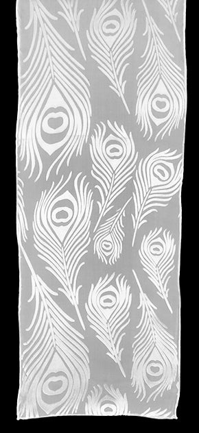 A sheer silk chiffon scarf with a rayon satin peacock feather pattern, in white on a white background.