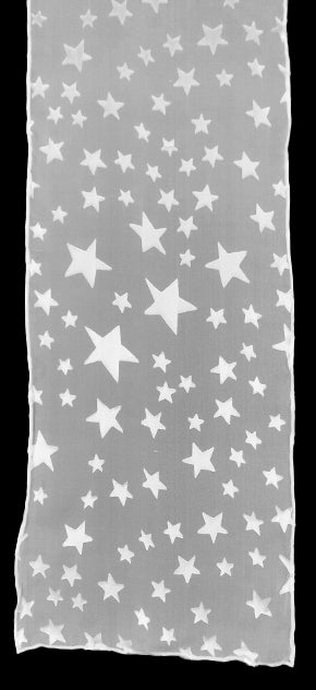 A sheer silk chiffon scarf with a rayon satin star pattern, in white on a white background.