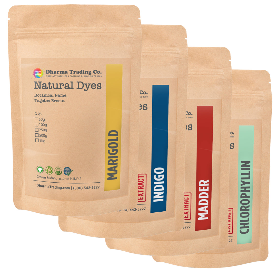 Natural dye products in resealable pouches labeled Marigold, Indigo, Madder, and Chlorophyllin.