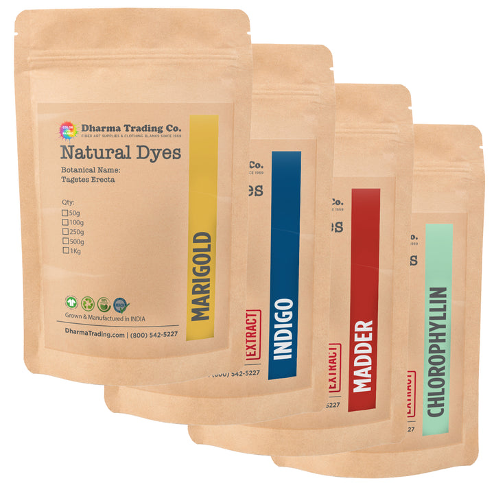 Natural dye products in resealable pouches labeled Marigold, Indigo, Madder, and Chlorophyllin.