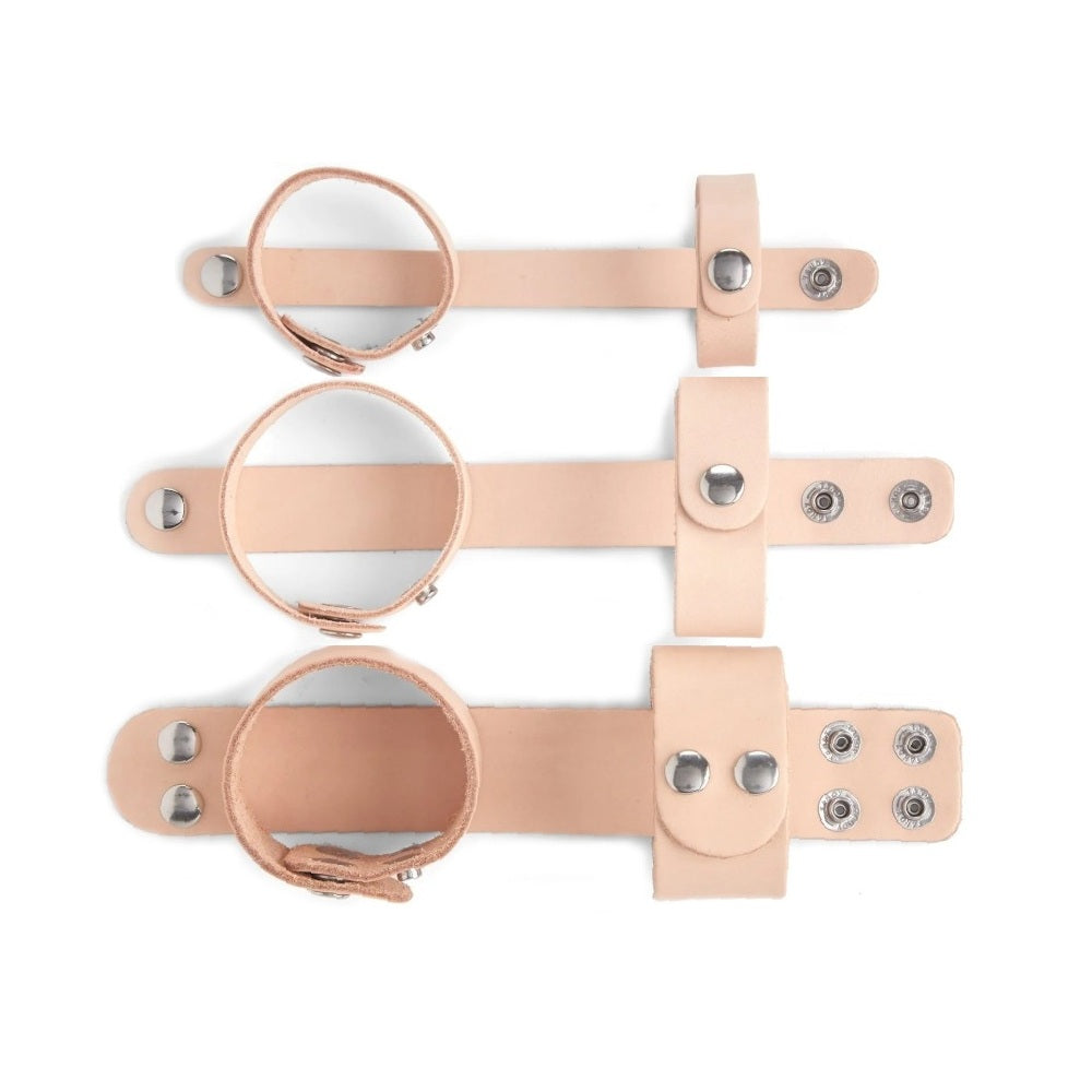 Adjustable Leather Wristbands shown in Small, Medium, and Large. Side view and top view while snapped shut.