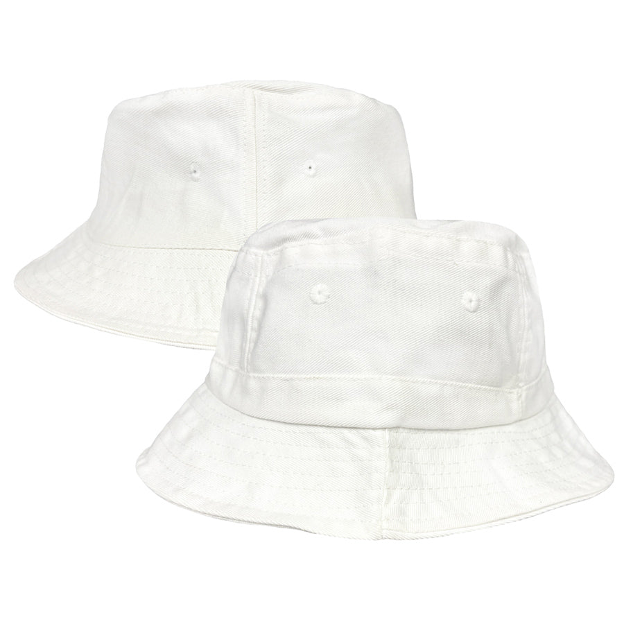 2 solid white colored bucket hats on a white background, in sizes medium (with band around center), and larger (no band).