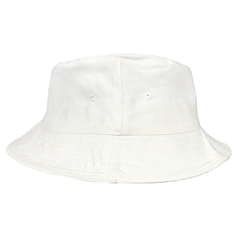 A solid white bucket hat with 2 eyelets on the cap, on a white background. Size XL has no band around the middle.
