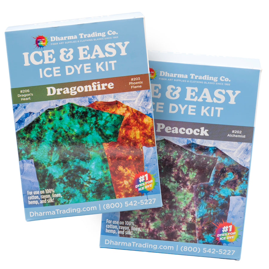 Dharma Trading Ice Dye Kit boxes in two color combos: "Dragonfire" and "Peacock"
