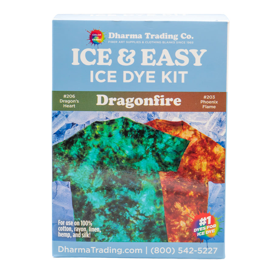 Dharma Trading Ice & Easy Ice Dye Kit packaging in "Dragonfire" color combo on a white background