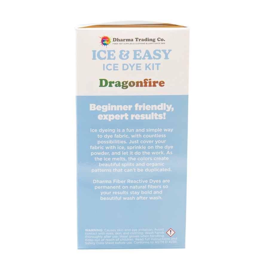Ice & Easy Ice Dye Kit "dragonfire" color combo packaging side view with instructional text on a white background