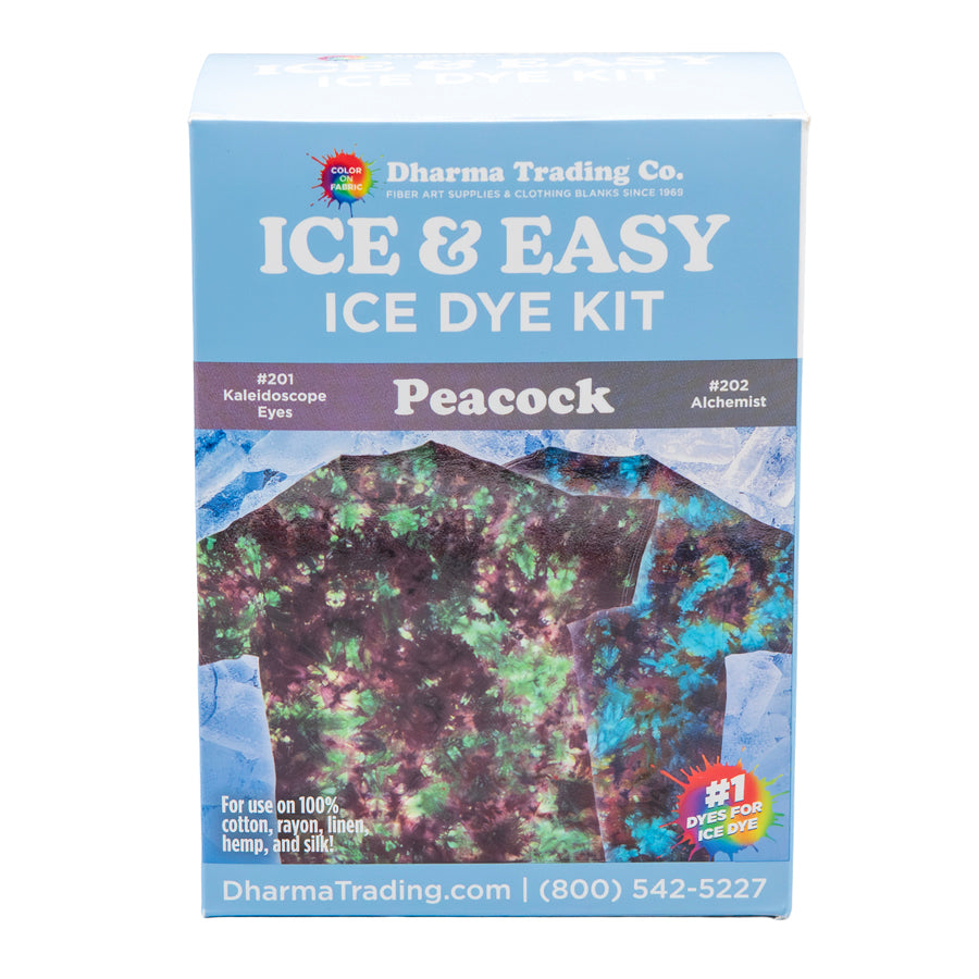 Dharma Trading Ice & Easy Ice Dye Kit packaging in "Peacock" color combo on a white background