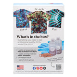 Box of tie-dye kit with images of shirts and product list on a white background