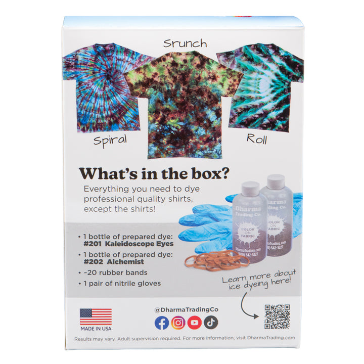 Box of tie-dye kit with images of shirts and product list on a white background