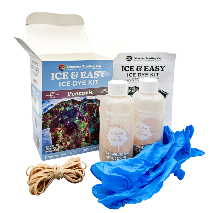 "Peacock" color combo Ice-dye kit with packaging,intructions, bottles, gloves, and rubber bands on a white background