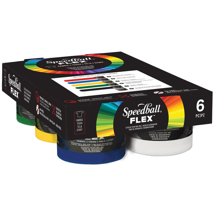 A set of six Speedball Flex Screen Printing Fabric Ink jars in various colors, including white, black, blue, yellow, red, and green, packaged in a box.