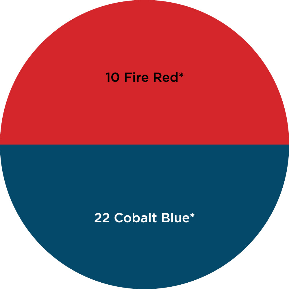 Dharma Trading Fiber Reactive Procion Dye Americana themed color wheel with red and blue sections labeled #10 Fire Red* and #22 Cobalt Blue*.