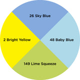Dharma Trading Fiber Reactive Procion Dye "Boys" themed color wheel with colors labeled #26 Sky Blue, #48 Baby Blue, #149 Lime Squeeze, and #2 Bright Yellow