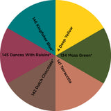 Dharma Trading Fiber Reactive Procion Dye Earth Tones themed color wheel with colors labeled #4 Deep Yellow, #6 Deep Orange, #1 Lemon Yellow, #134 Moss Green*, #141 Terra Cotta, #142 Dutch Chocolate*, #145 Dances With Raisins, and #146 Kingfisher Blue*