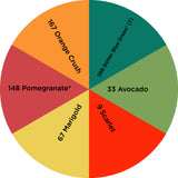 Dharma Trading Fiber Reactive Procion Dye Fall Forest Floor themed color wheel with colors labeled #28B Better Blue Green*(T), #33 Avocado, #9 Scarlet, #67 Marigold, #148 Pomegranate*, and #167 Orange Crush.