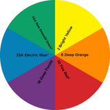 Dharma Trading Fiber Reactive Procion Dye Jewel Tones themed color wheel with colors labeled #12 Bright Yellow, #6 Deep Orange, #10 Fire Red*, #18 Deep Purple #23A Electric Blue*, and #30A New Emerald Green*