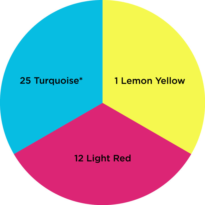 Dharma Trading Fiber Reactive Procion Dye Neon Primaries themed color wheel with colors labeled #1 Lemon Yellow, #12 Light Red, and # 25 Turquoise