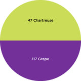 Dharma Trading Fiber Reactive Procion Dye Small Halloween #2 themed color wheel with colors labeled #47 Chartreuse, and #117 Grape