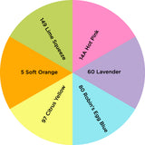 Dharma Trading Fiber Reactive Procion Dye Spring Pastel Rainbow themed color wheel with colors labeled #14A Hot Pink, #60 Lavender, #80 Robin's Egg Blue, #97 Citrus Yellow, #5 Soft Orange, and #149 Lime Squeeze.