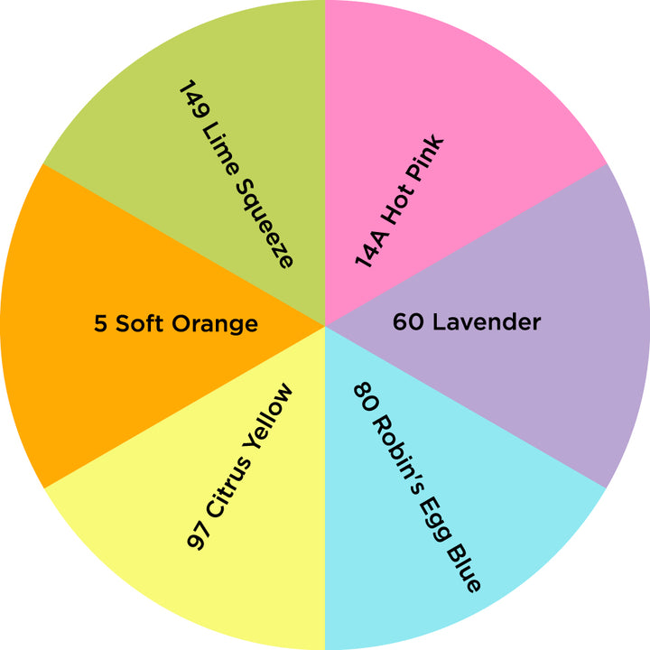 Dharma Trading Fiber Reactive Procion Dye Spring Pastel Rainbow themed color wheel with colors labeled #14A Hot Pink, #60 Lavender, #80 Robin's Egg Blue, #97 Citrus Yellow, #5 Soft Orange, and #149 Lime Squeeze.