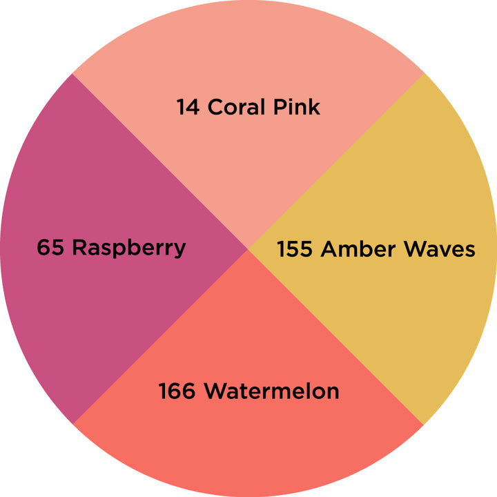 Dharma Trading Fiber Reactive Procion Dye Summer Smashup themed color wheel with colors labeled #155 Amber Waves, #166 Watermelon, #65 Raspberry, and #14 Coral Pink.