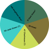 Dharma Trading Fiber Reactive Procion Dye Sunshine Through Kelp themed color wheel with colors labeled #31 Dark Green* #38 Khaki, #47 Chartreuse (T), #50 Jade Green (T), and #146 Kingfisher Blue*.