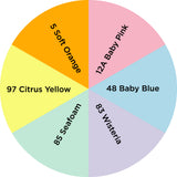 Dharma Trading Fiber Reactive Procion Dye Unisex Pastels themed color wheel with colors labeled #12A Baby Pink, #48 Baby Blue, #83 Wisteria, #85 Seafoam, #97 Citrus Yellow, and #5 Soft Orange