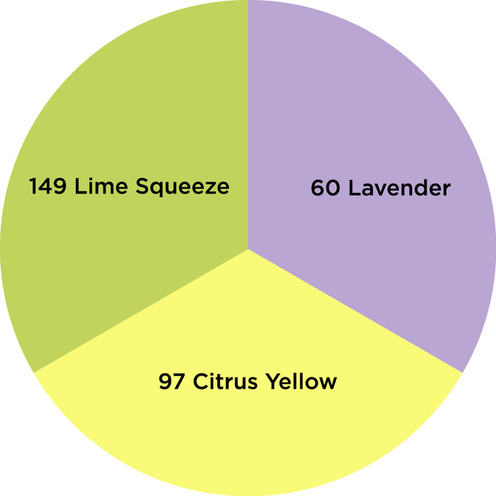 Dharma Trading Fiber Reactive Procion Dye Unisex themed color wheel with colors labeled #60 Lavender, #97 Citrus Yellow, and #149 Lime Squeeze