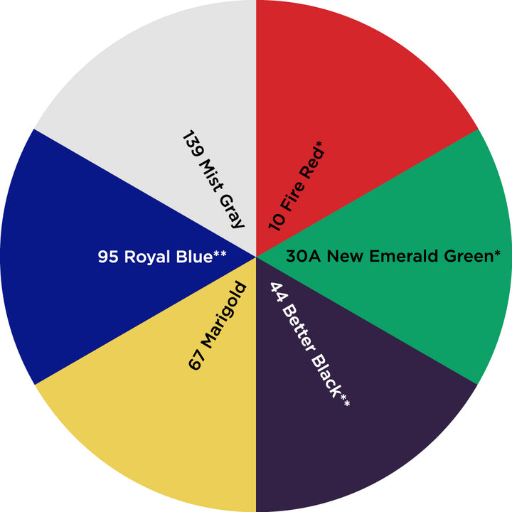 Dharma Trading Fiber Reactive Procion Dye Winter Holidays themed color wheel with colors labeled #10 Fire Red*, #30A New Emerald Green*, #44 Better Black**, #67 Marigold, #97 Royal Blue**, and #139 Mist Gray on a white background
