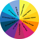 Color wheel with various hues arranged in a circular pattern