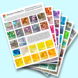 Full-color Ice Dye example square sticker sheets from Dharma Trading Co. on a light blue background.