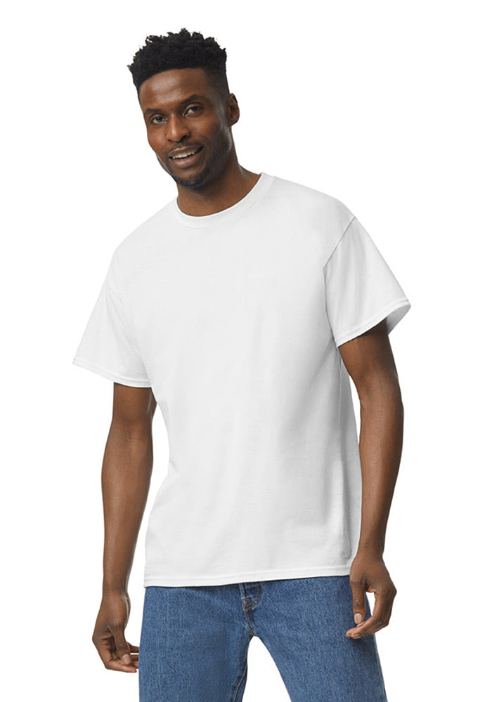 Man wearing a white Gildan 5.3oz. Cotton Short Sleeve T-shirt and blue jeans on a white background.