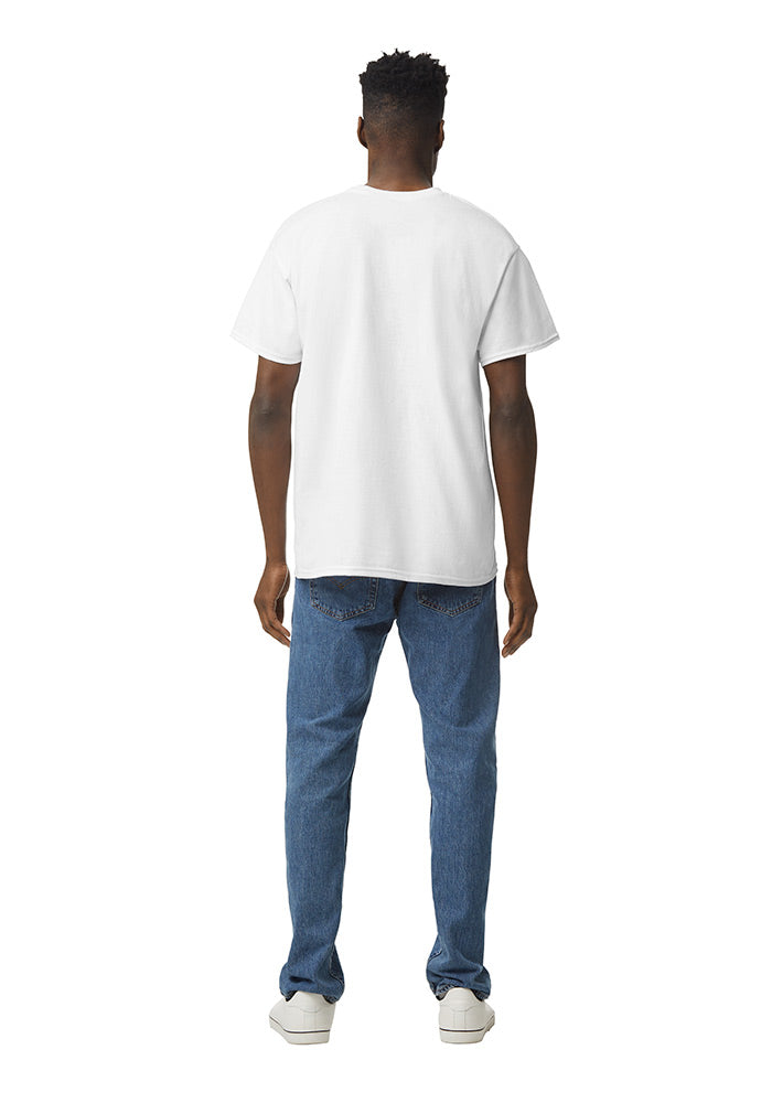 Back view of a man wearing a white Gildan 5.3oz. Cotton Short Sleeve T-shirt and blue jeans on a white background.