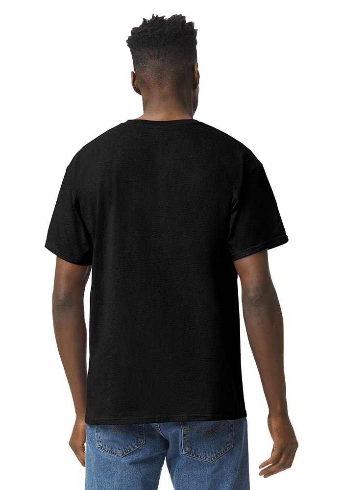 Back view of a man wearing a black Gildan 5.3oz. Cotton Short Sleeve T-shirt and blue jeans on a white background.