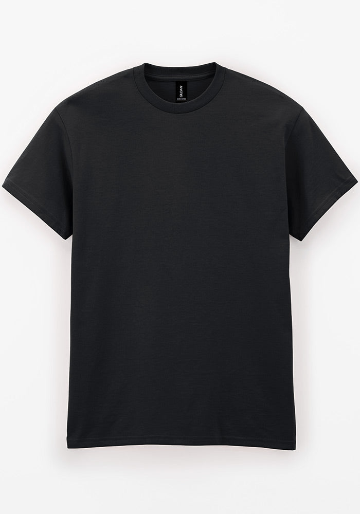 A black Gildan 5.3oz. Cotton Short Sleeve T-shirt on a white background.