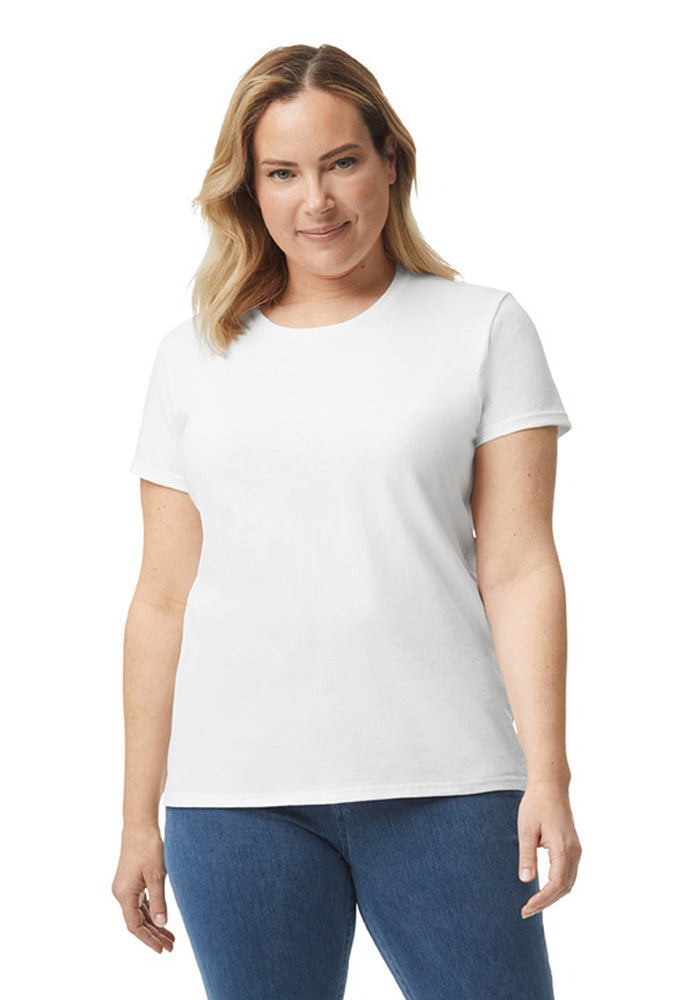 Woman wearing a modern-fitted, plain white short-sleeved t-shirt and blue jeans on a white background