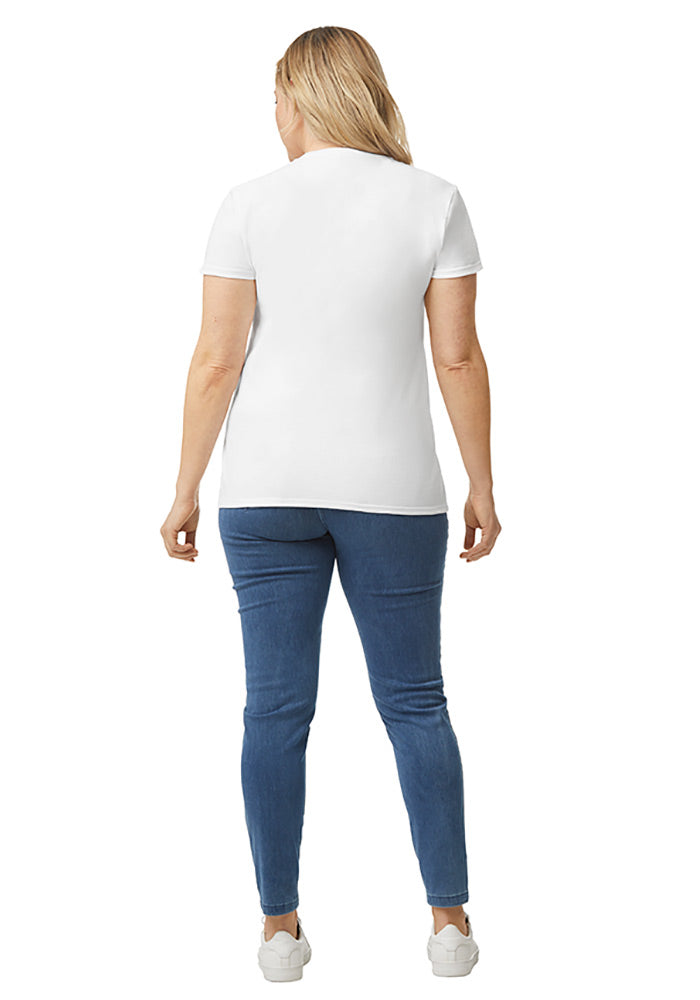 Back full body view of a woman wearing a white t-shirt and blue jeans on a white background