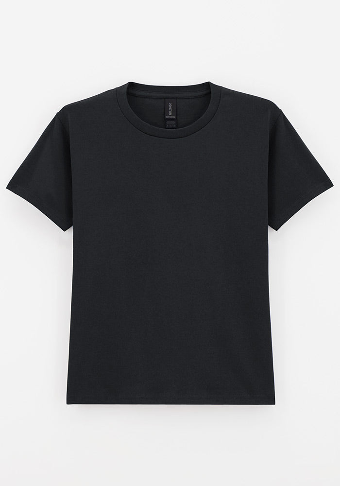 A Gildan 5.3 oz. heavy cotton, short-sleeved black t-shirt on a white background.
