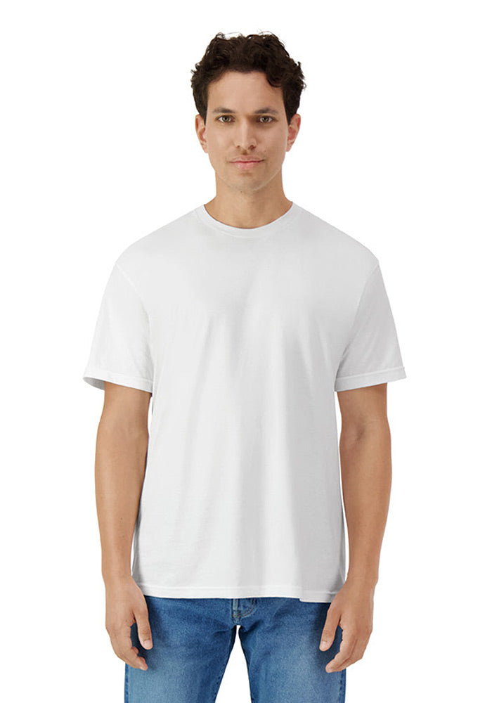 Man wearing a relaxed fit plain white short sleeved t-shirt and blue jeans on a white background