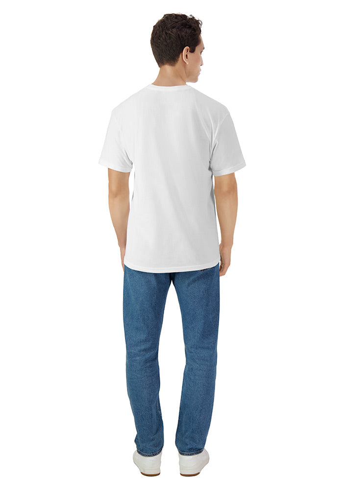 Man wearing a relaxed fit plain white short sleeved t-shirt and blue jeans on a white background