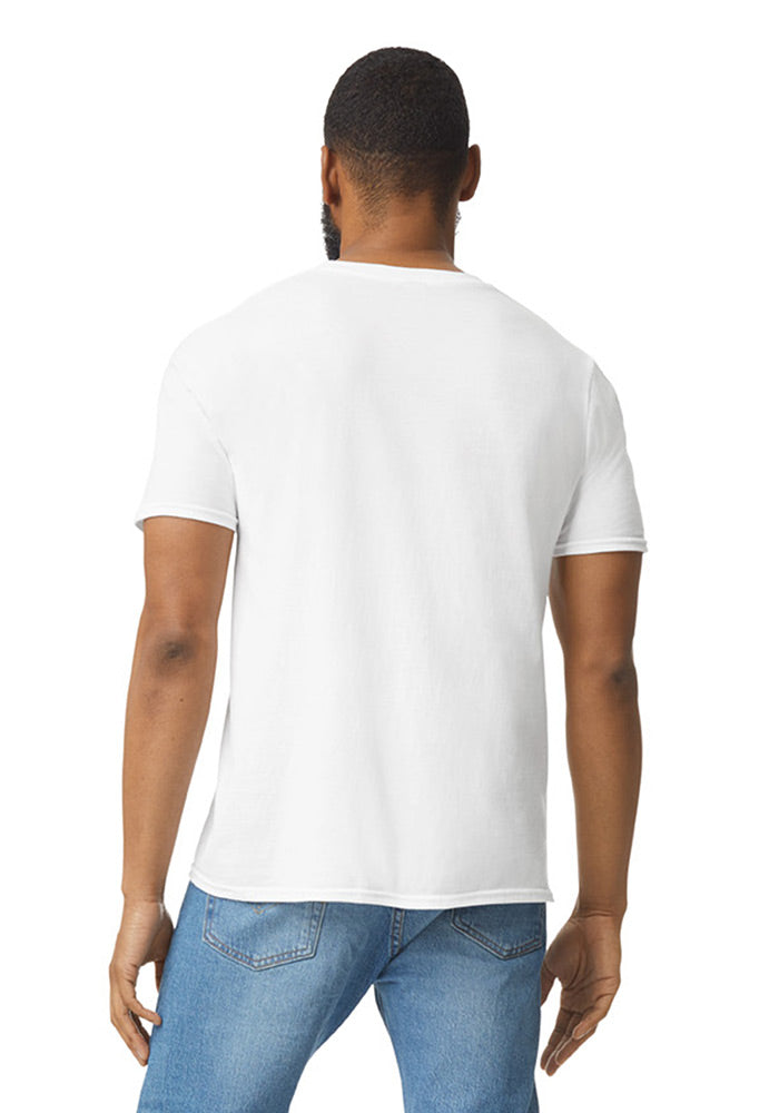 Back view of a man wearing a plain white cotton short-sleeved t-shirt and blue jeans on a white background