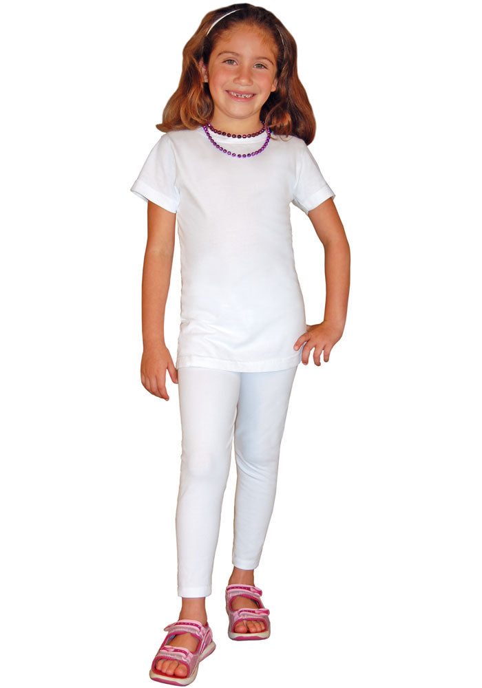 A child wearing white long cotton/spandex ankle-length leggings and a white t-shirt.