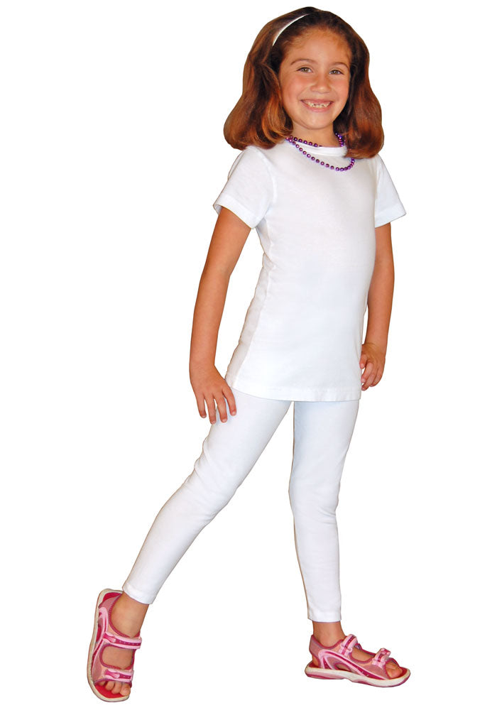 A child wearing white long cotton/spandex ankle-length leggings and a white t-shirt.