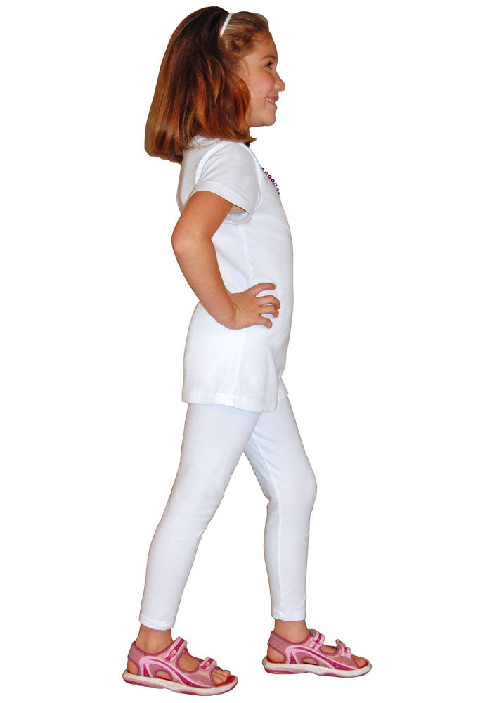 Side view of a child wearing white long cotton/spandex ankle-length leggings and a white t-shirt.