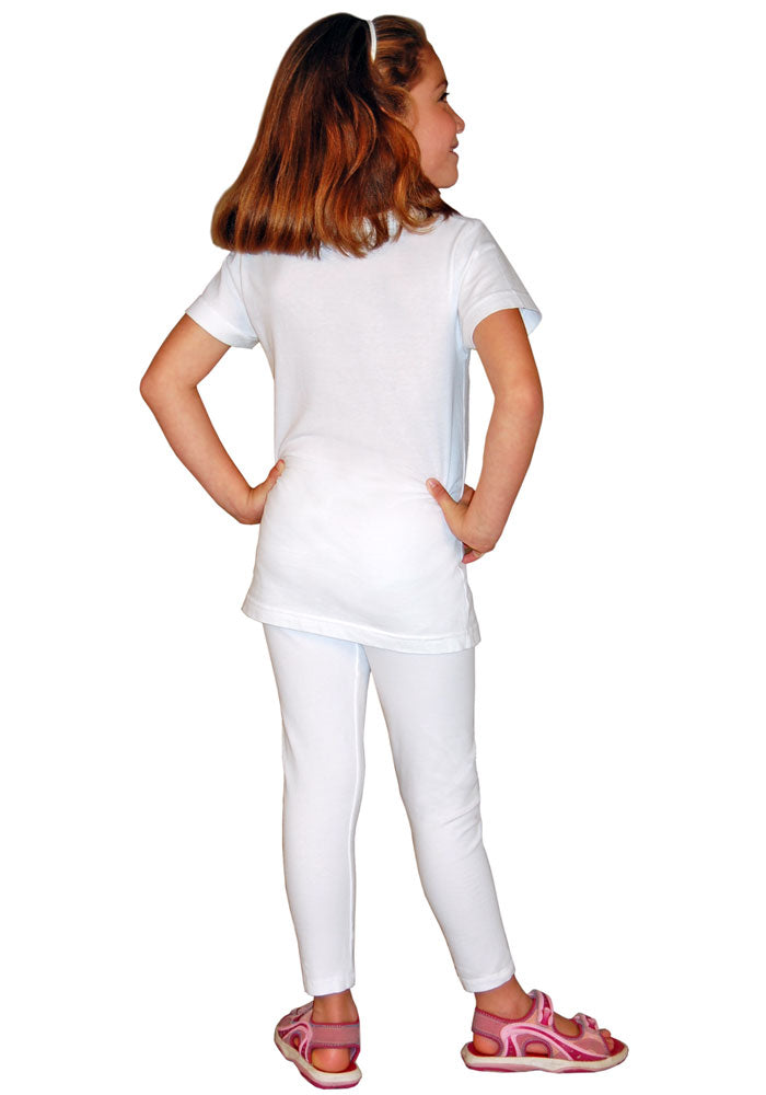 Back view of a child wearing white long cotton/spandex ankle-length leggings and a white t-shirt.