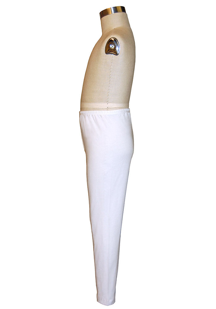White long cotton/spandex ankle-length leggings on a mannequin on a white background.